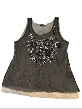 zinc Black Sheer Embroidered Embellished Beaded Layered Mesh Floral Tank Top XL